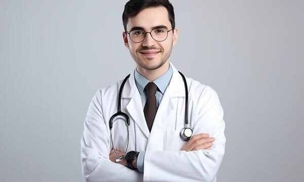 ai-generative-portrait-of-confident-male-doctor-in-white-coat-and-stethoscope-standing-with-arms-crossed-and-looking-at-camera-photo