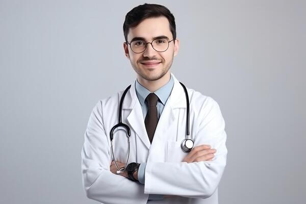 ai-generative-portrait-of-confident-male-doctor-in-white-coat-and-stethoscope-standing-with-arms-crossed-and-looking-at-camera-photo